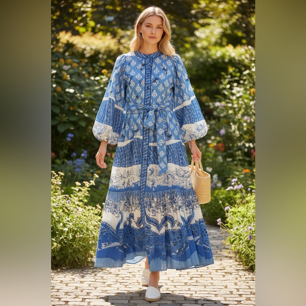 A LOVES A Cobalt Blue Long Sleeve Cotton Maxi Dress Boho Cottage Medium NWT